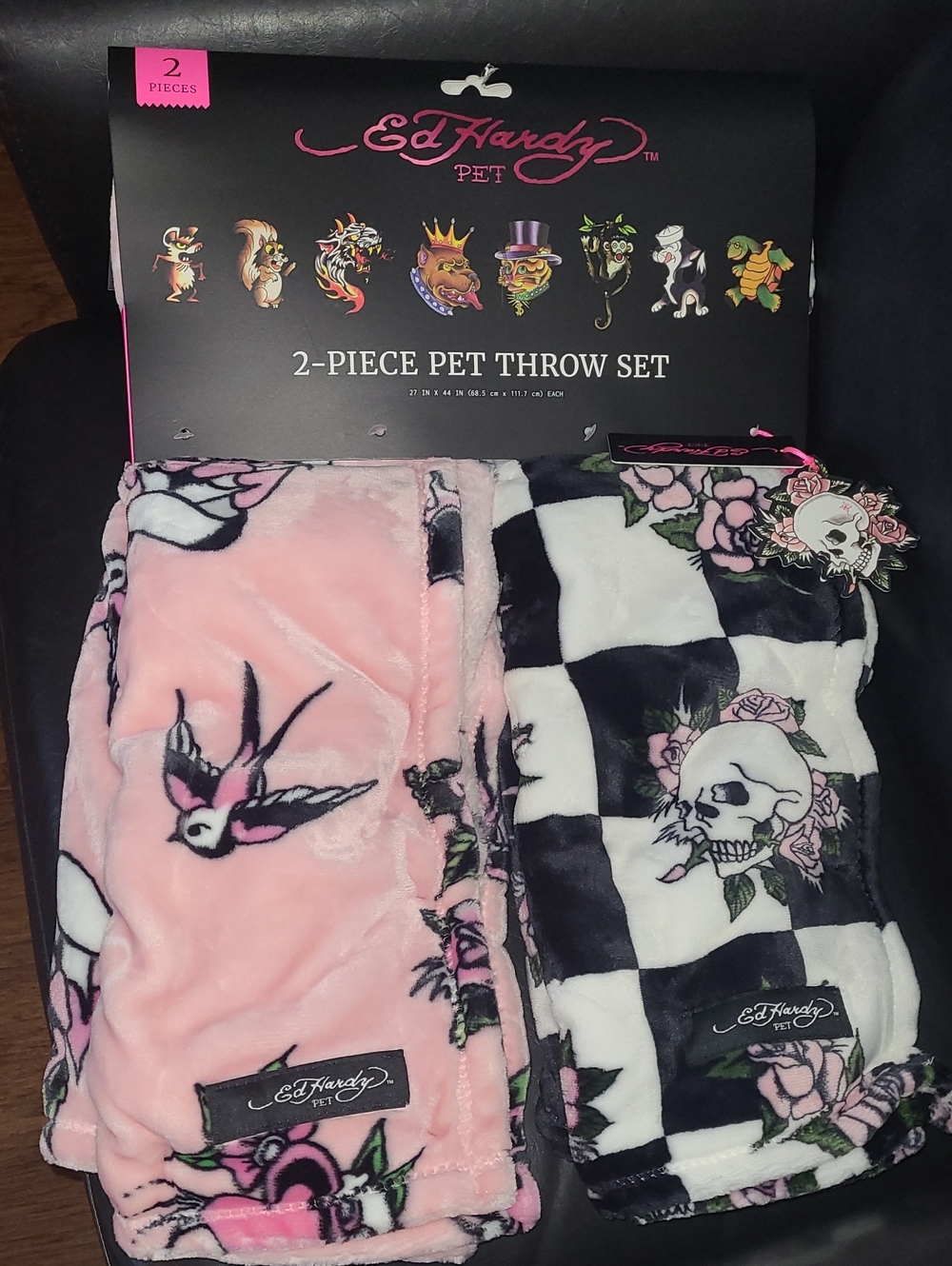 Ed Hardy Pink and Black Skull & Swallow Pet Throw Set